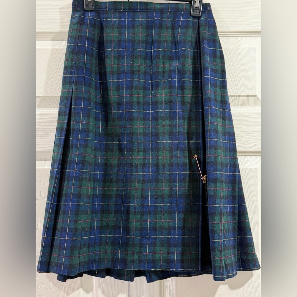 Pendleton Green and Navy Tartan A-Line Wool Skirt